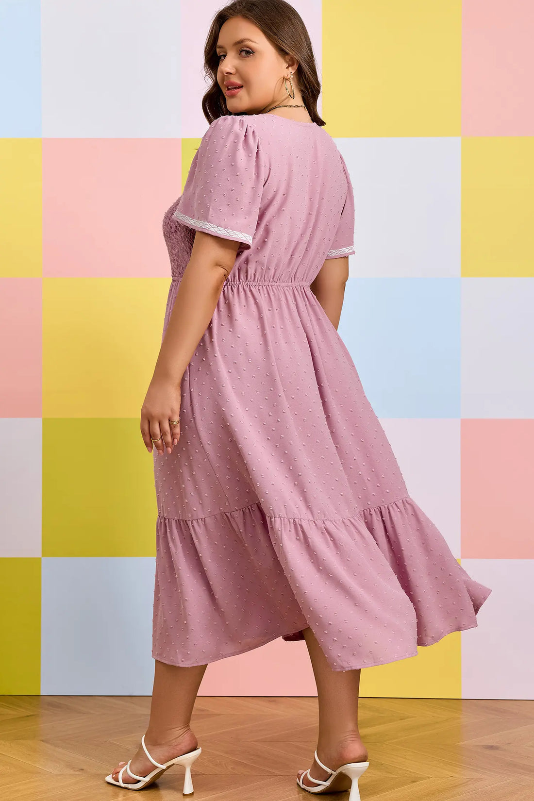 Plus Size Swiss Dot Smocked High Waist Flowy Midi Dress – Pink
