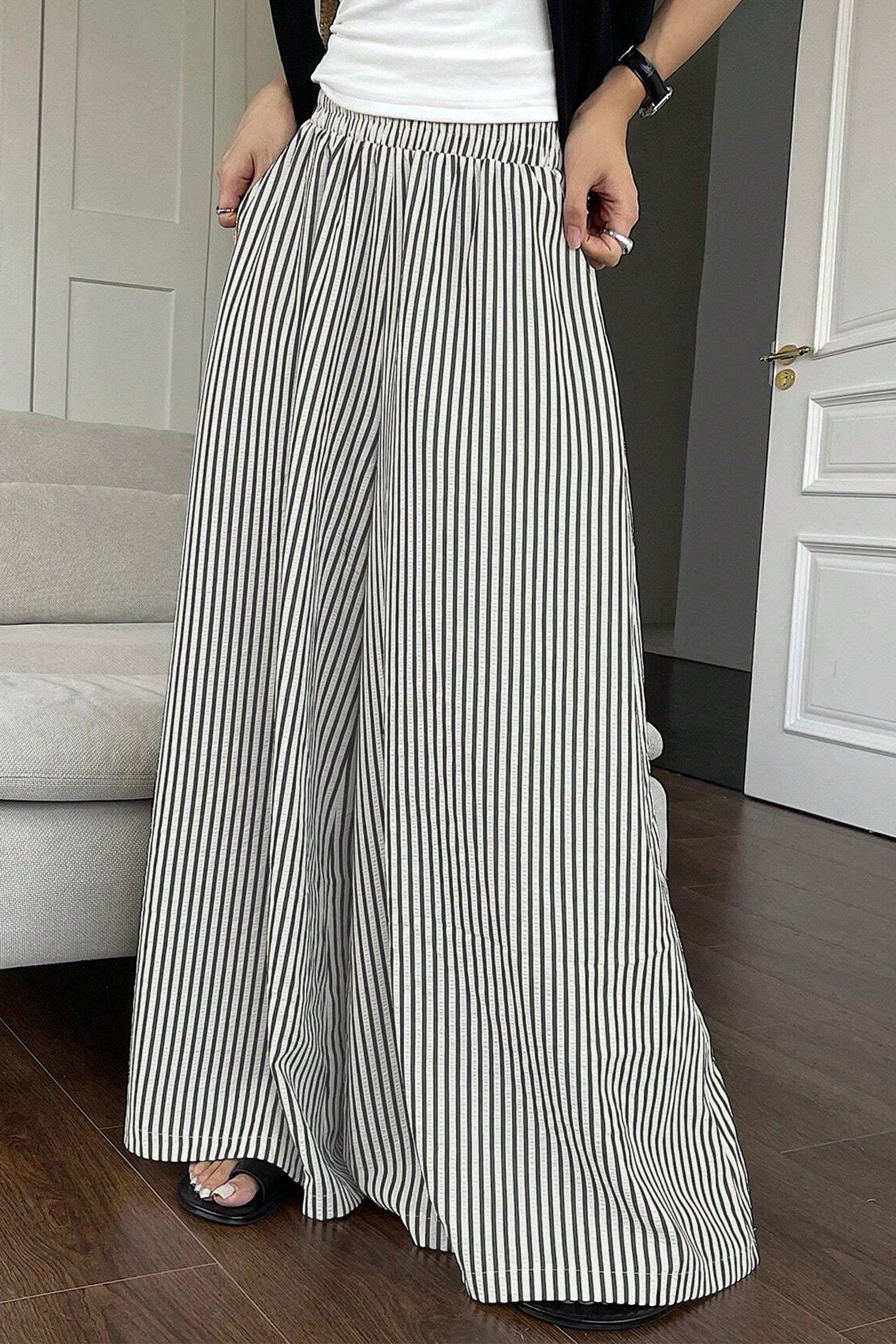 Black Stripe Ultra Wide Leg Trousers – Elastic Waist