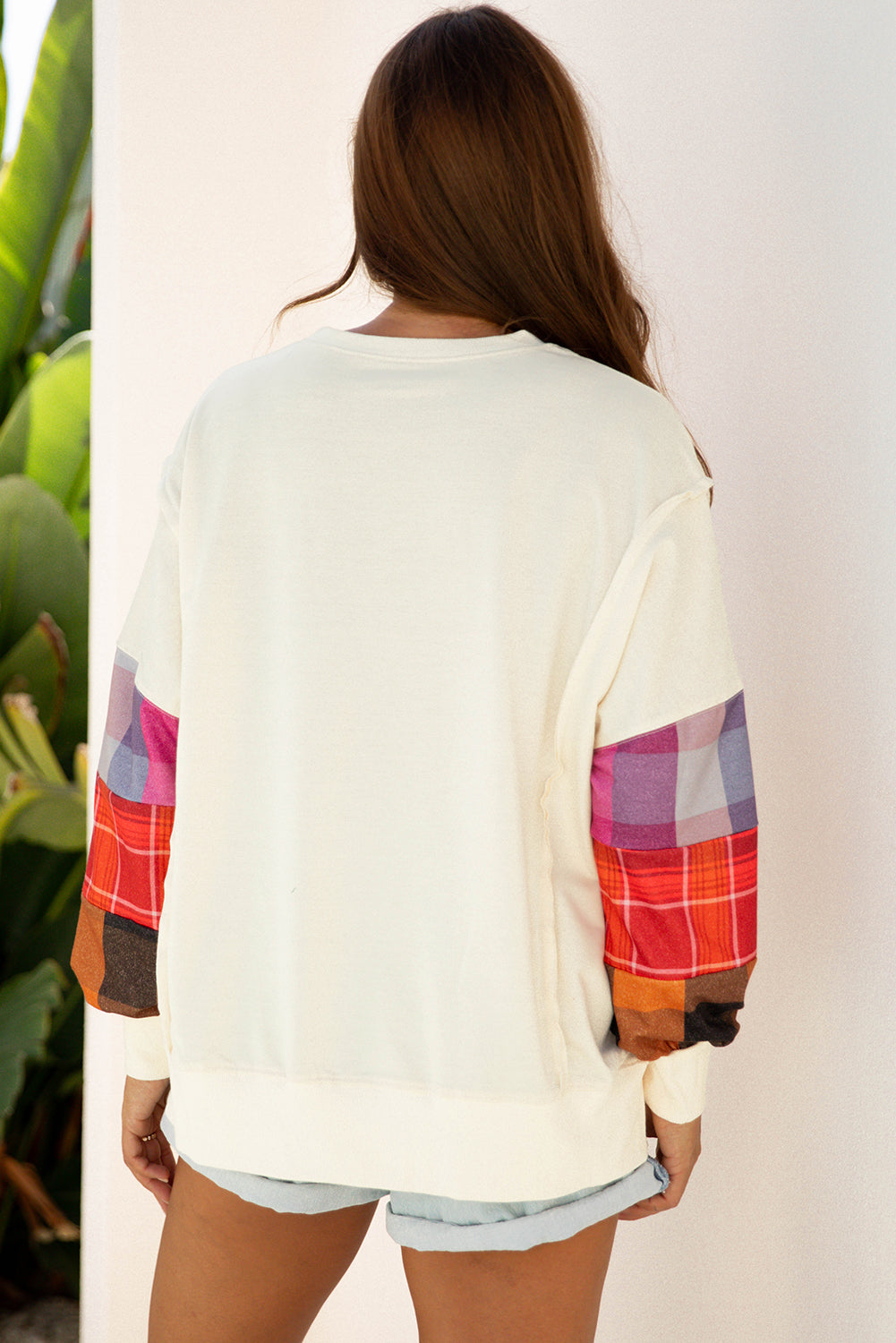 Beige Contrast Plaid Long Sleeve Exposed Seam Patchwork Top - eAura