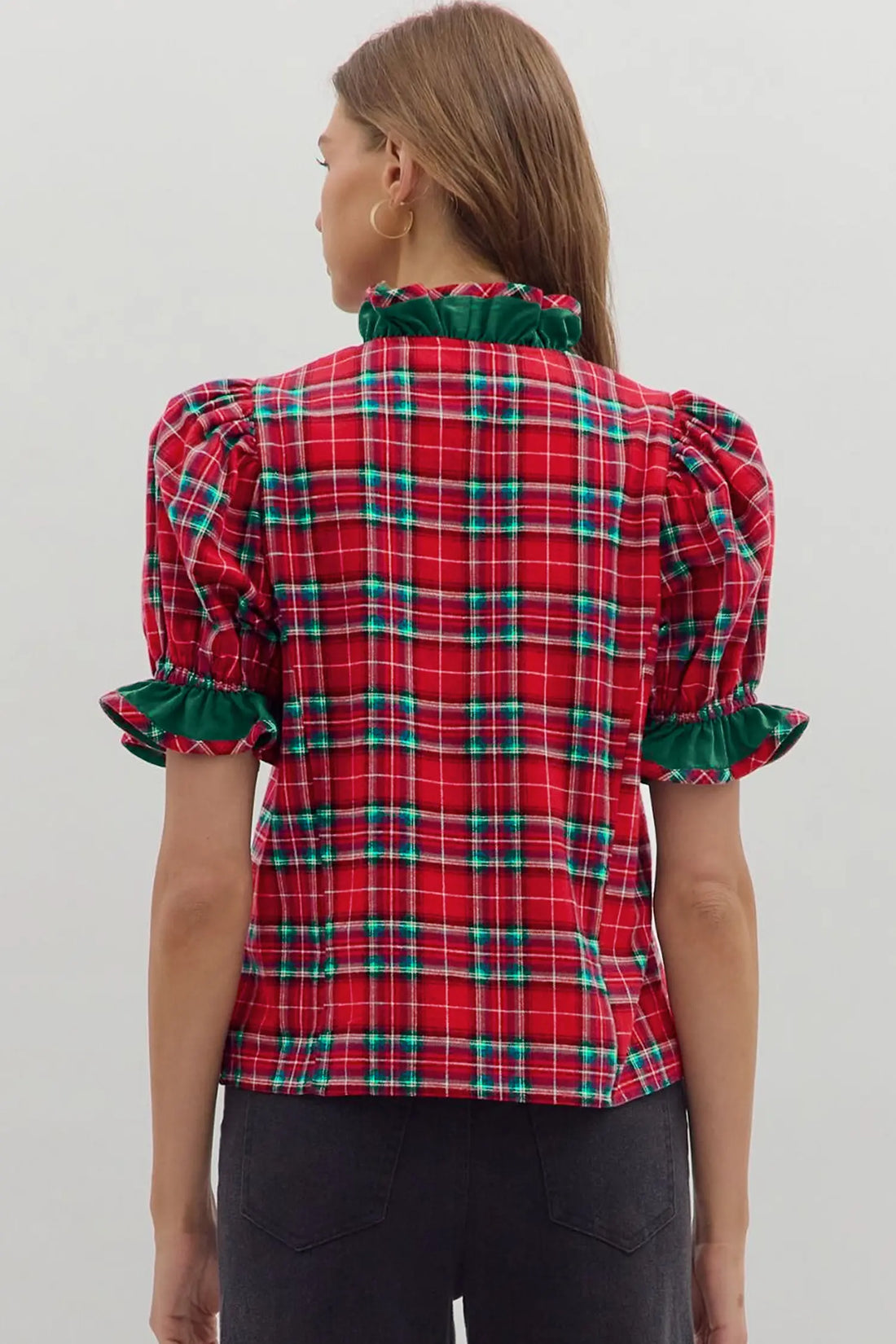 Plaid V Neck Ruffle Colour Block Trim Short Sleeve Shirt