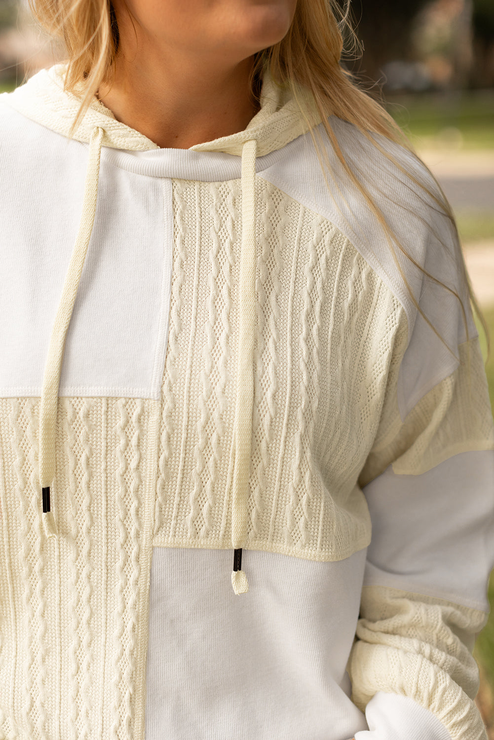 Beige Textured Patchwork Exposed Seam Plus Size Hoodie Beagle Boutique Fashion Outlet