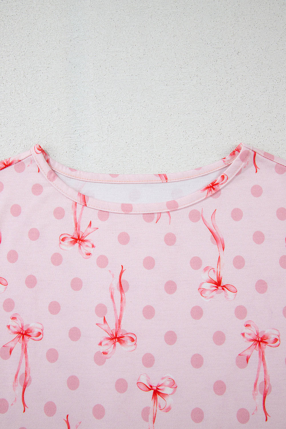 Pink Bow Knot Polka Dot Print Short Sleeve Top Lounge Set eAura