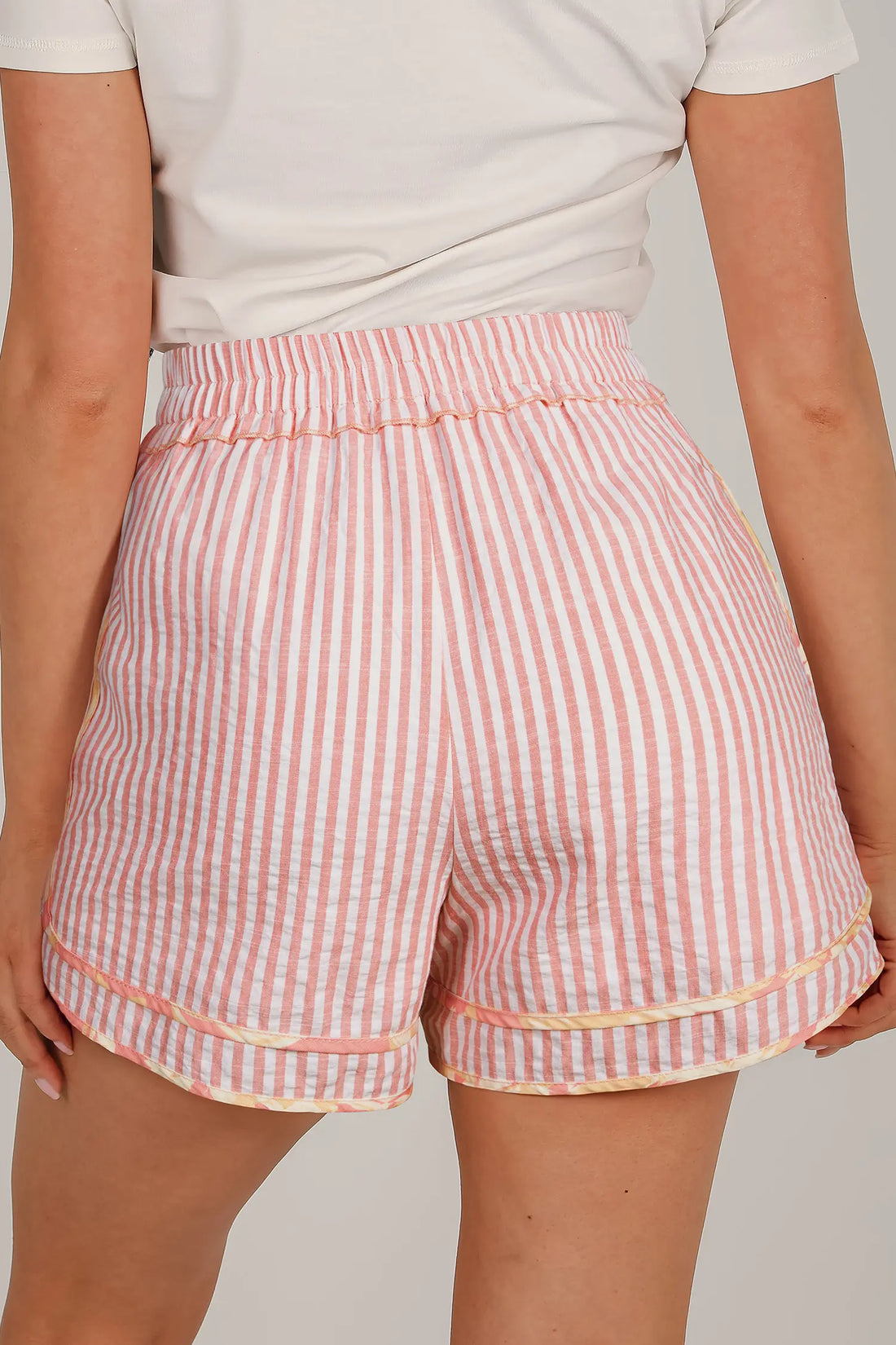 Pink Floral Trim Ribbon Knot Striped Shorts