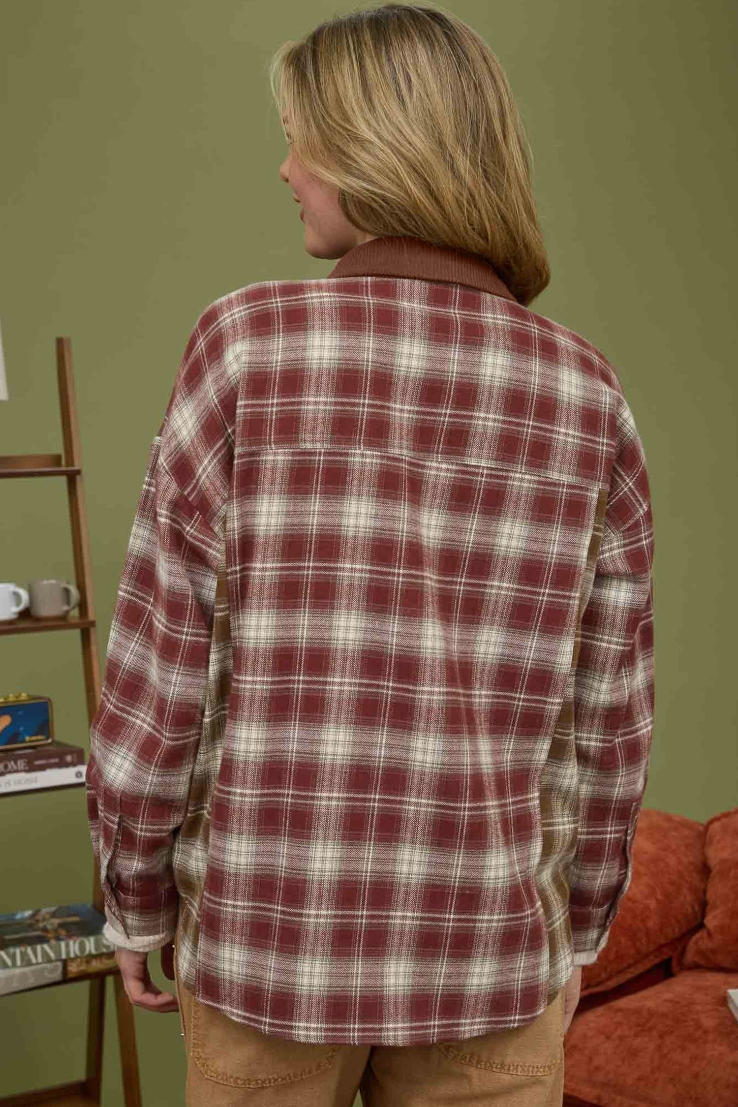 Contrast Plaid Long Sleeve Button Down Shirt – Red