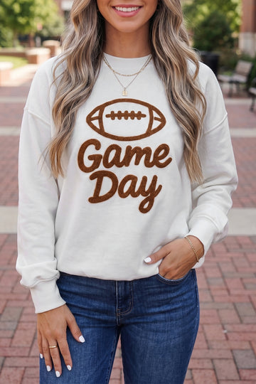 Embroidered Slogan Game Day Rugby Pattern Crewneck Sweatshirt – White