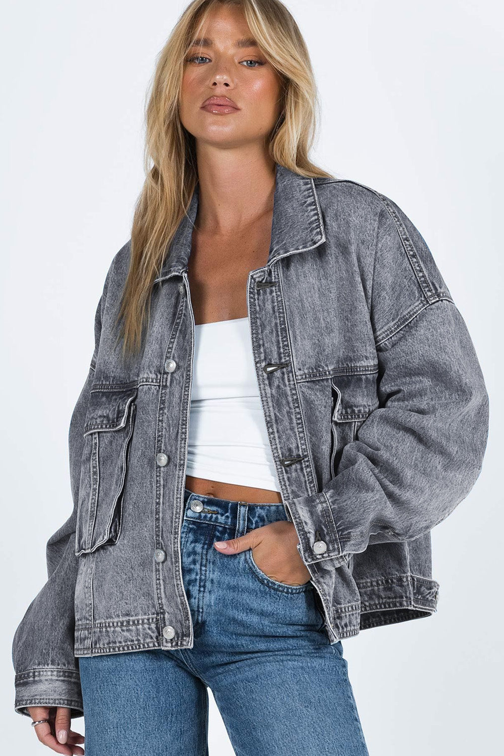 Grey Chest Pockets Drop Shoulder Loose Denim Jacket Beagle Boutique Fashion Outlet