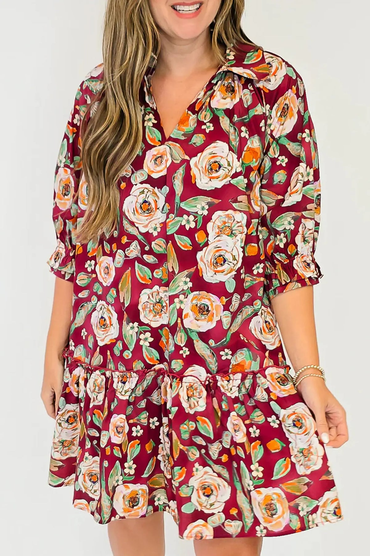 Floral Print Half Sleeve Short Shift Dress – Red