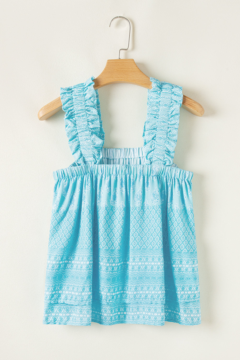 Sky Blue Tribal Pattern Print Ruffled Wide Straps Loose Tank Top eAura