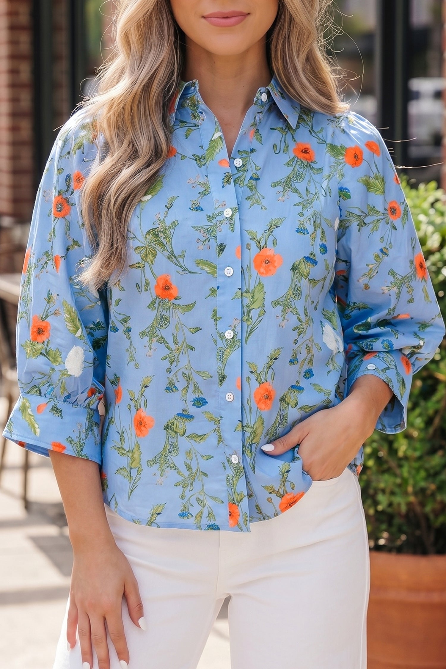 Sky Blue Floral Print Bracelet Sleeve Button Down Casual Shirt – Light Blue