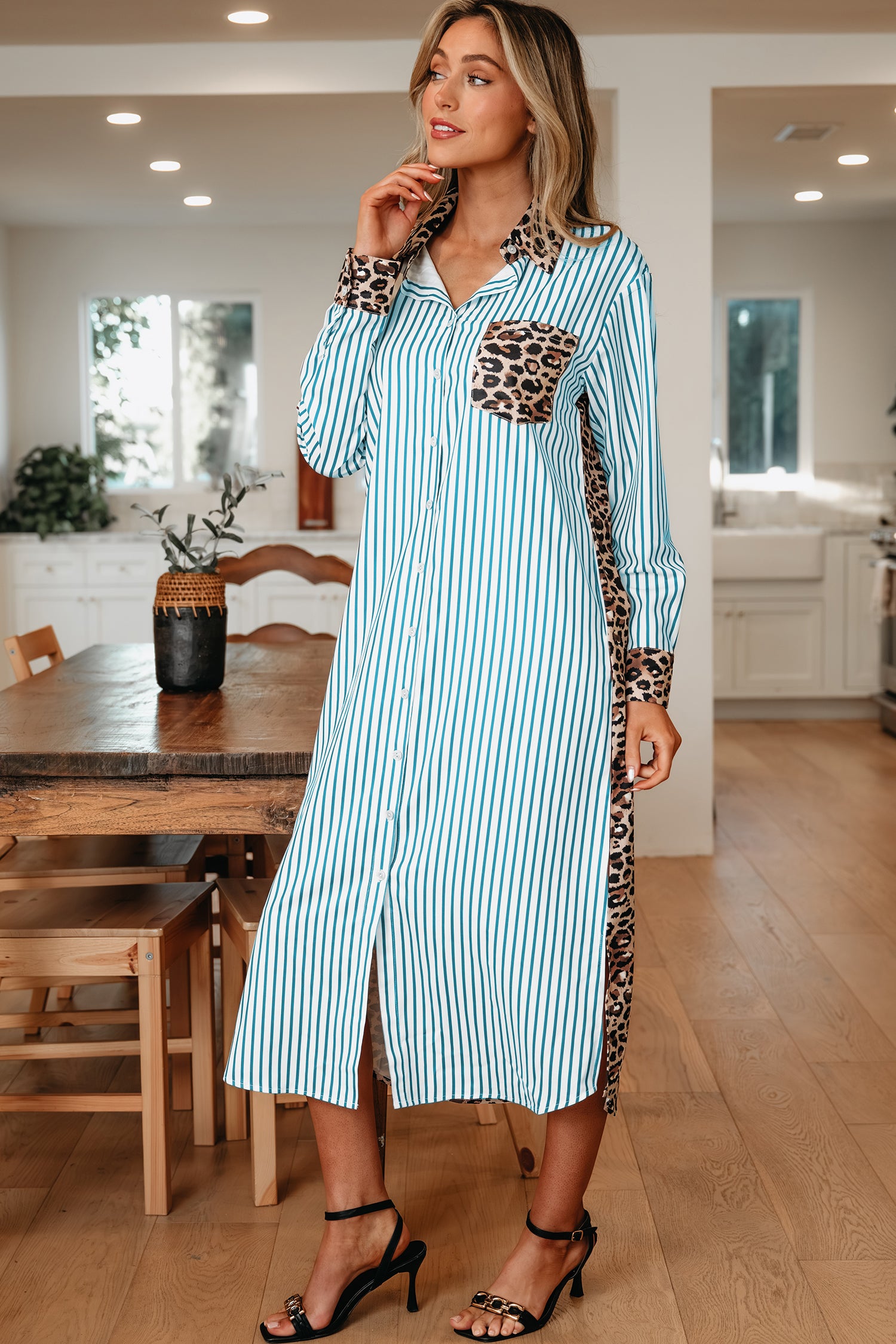 Stripe Contrast Leopard Patchwork Long Shirt Dress with Slits