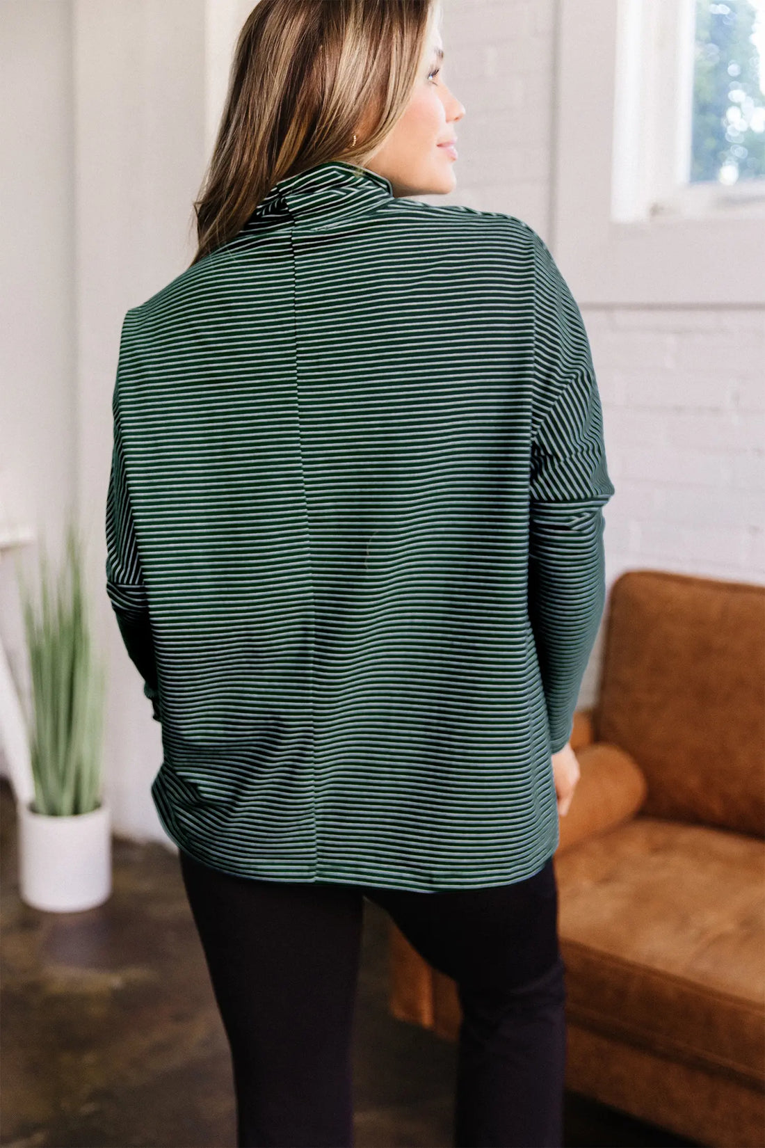 High Neck Dropped Shoulder Long Sleeve Casual Top – Green Stripe