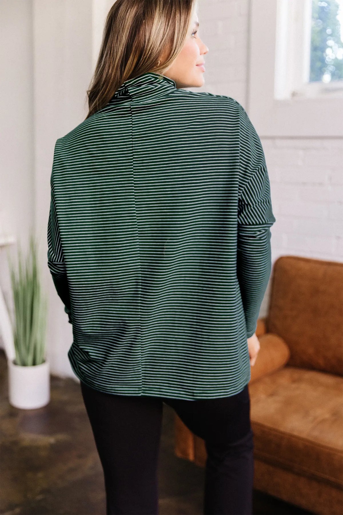 High Neck Dropped Shoulder Long Sleeve Casual Top – Green Stripe