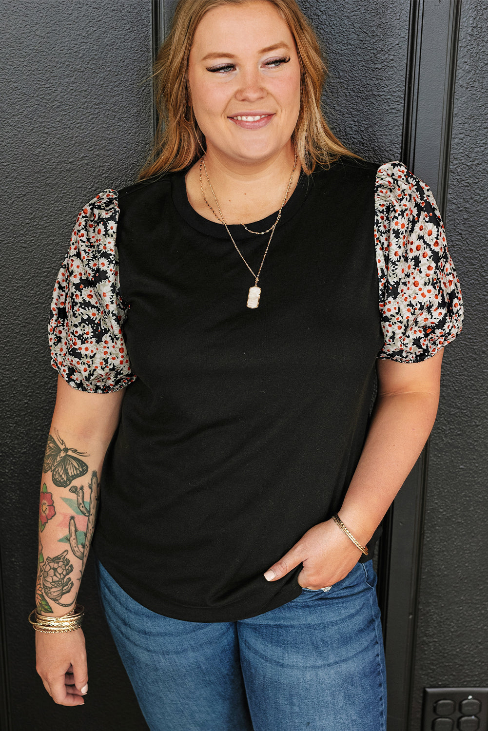 Black Daisy Printed Short Bubble Sleeve Plus Size Tunic Top BB Fashion Outlet