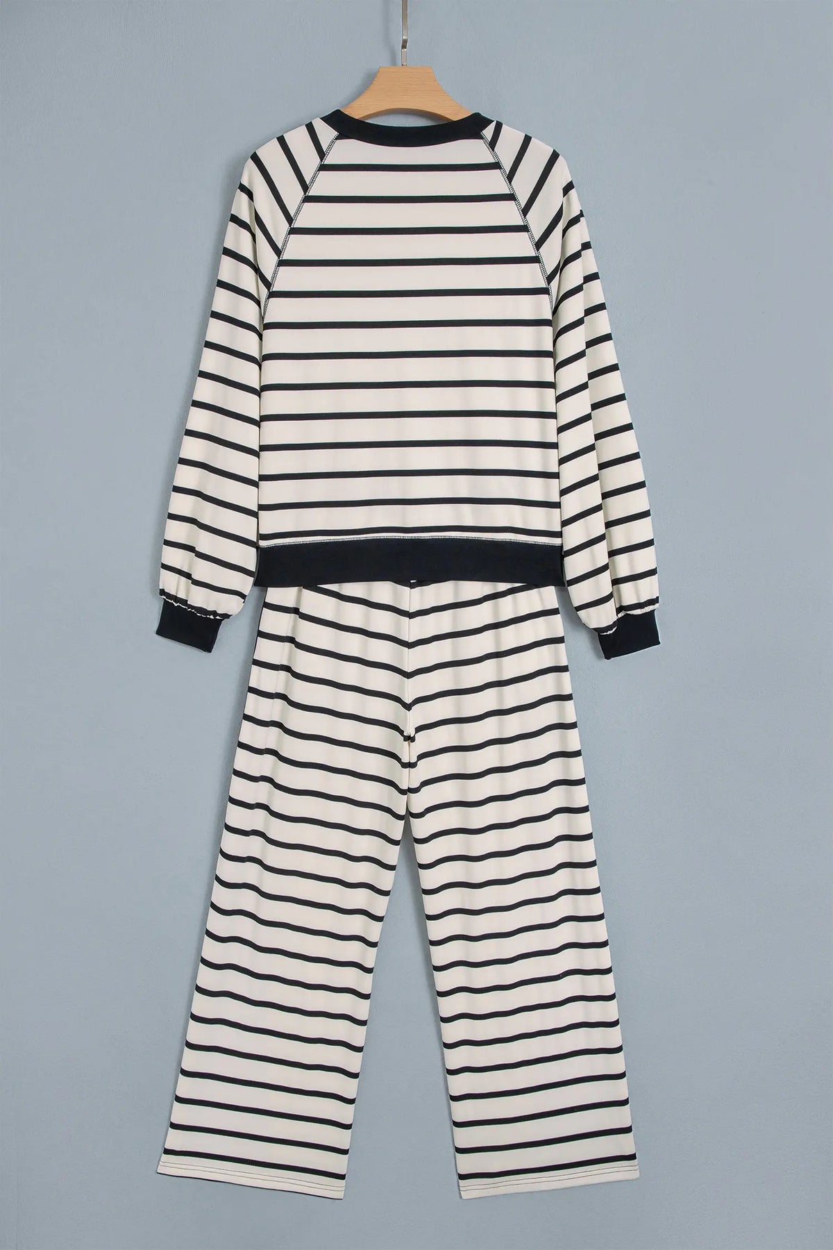 Relaxed Long Sleeve Top Colour Block Detail Drawstring Pant Set – Beige Stripe