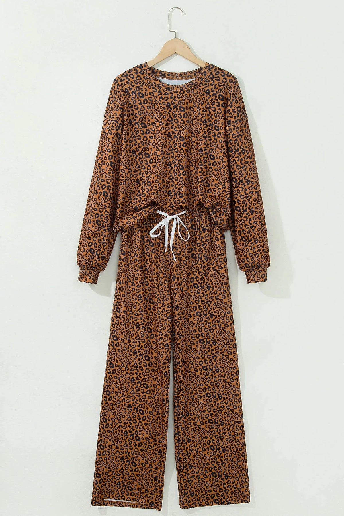 Leopard Print Long Sleeve Top Relaxed Pant Set – Brown