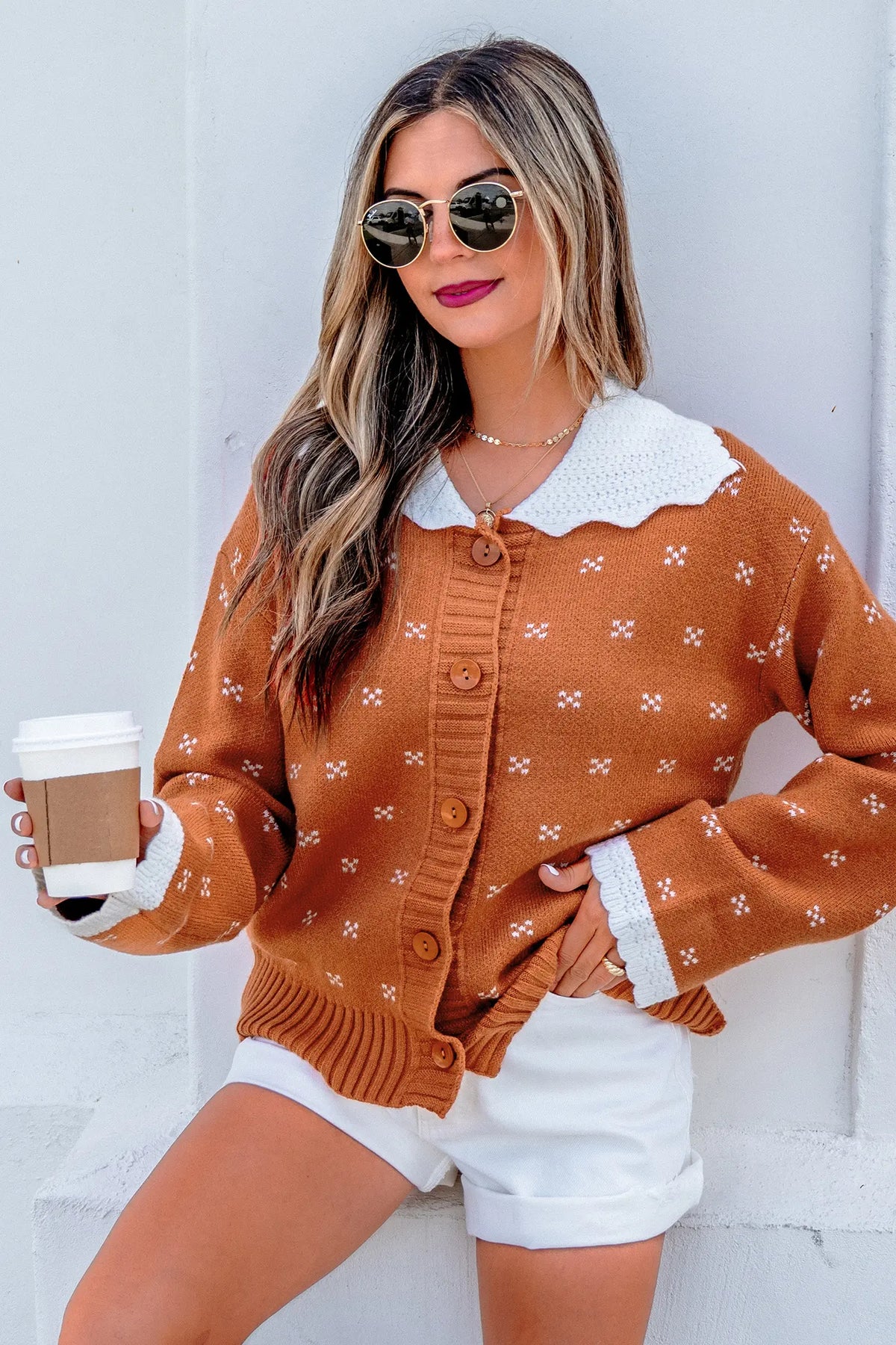 Peter Pan Collar Colourblock Long Sleeve Knitwear Cardigan – Russet Orange