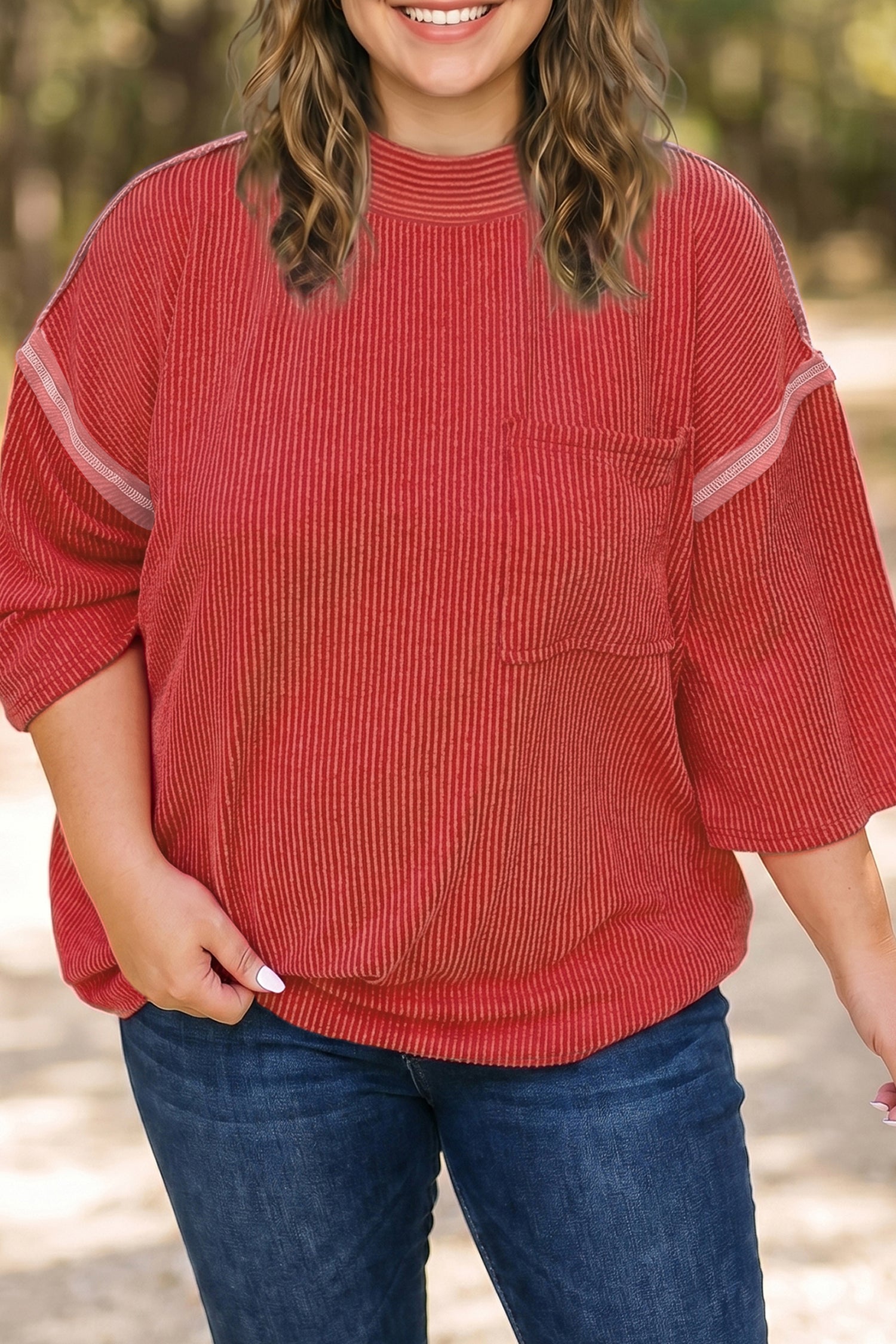 Twist Ribbed Tunic Round Neck Bracelet Sleeve Plus Size Blouse – Fiery Red
