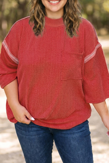Twist Ribbed Tunic Round Neck Bracelet Sleeve Plus Size Blouse – Fiery Red