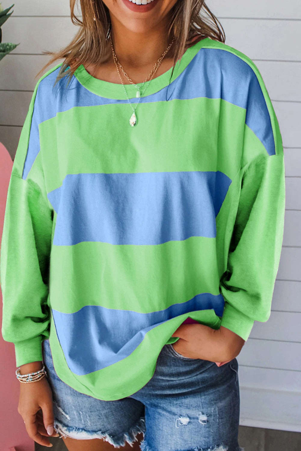Blue Colourblock Striped Drop Shoulder Loose Top eAura