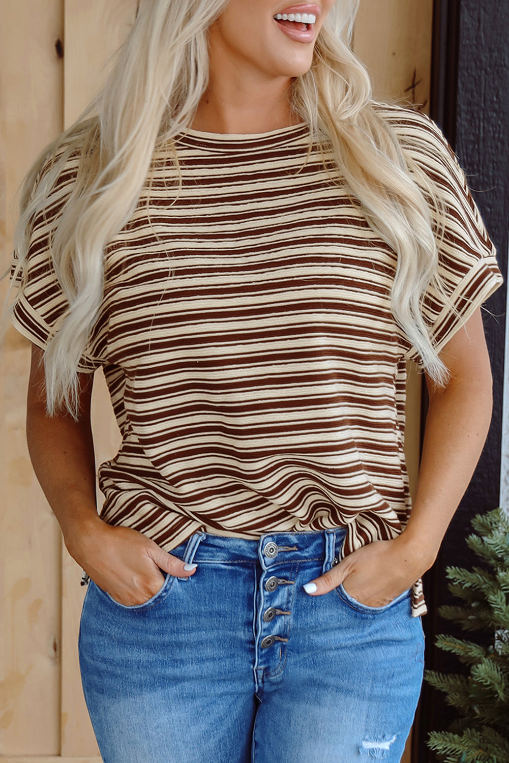 Brown Stripe Textured Side Slits Crew Neck T Shirt eAura