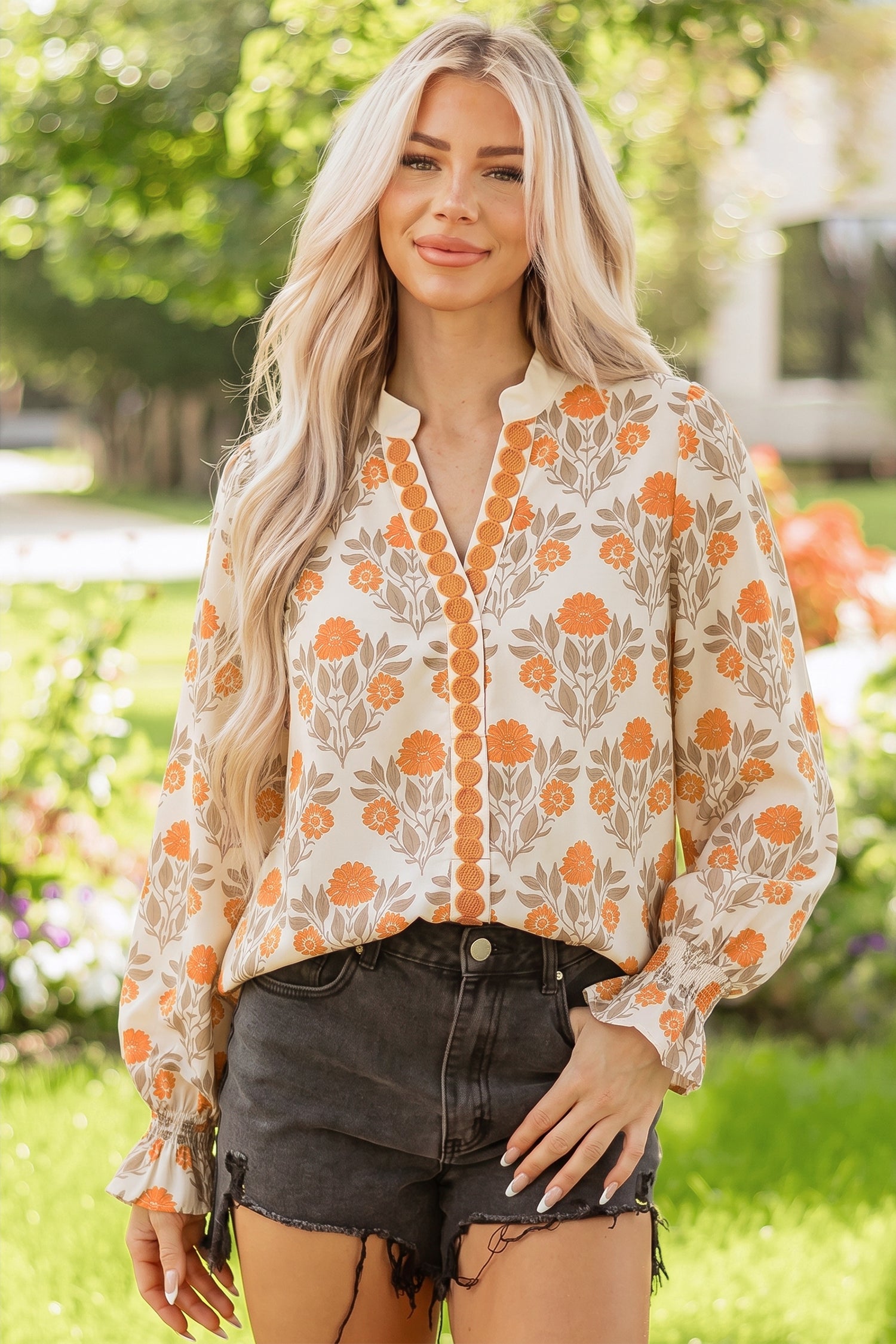 Floral Print Contrast Detail V Neck Long Sleeve Blouse – Orange