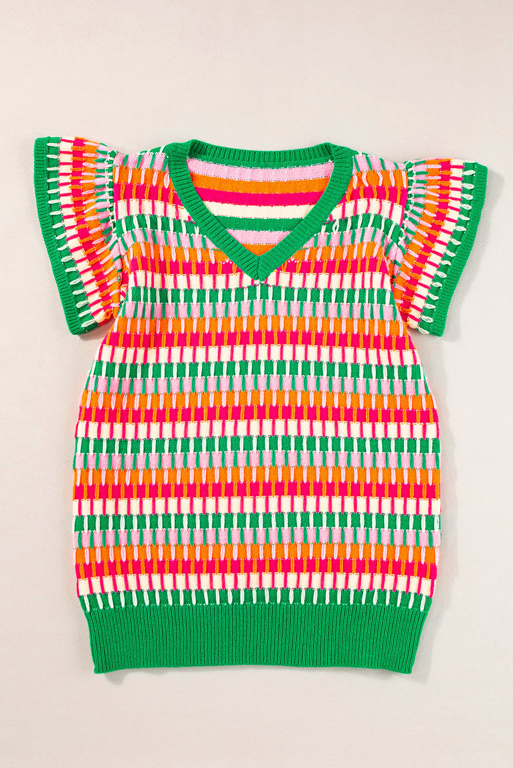 Green Multi Flutter Sleeve Knitted Sweater Top eAura