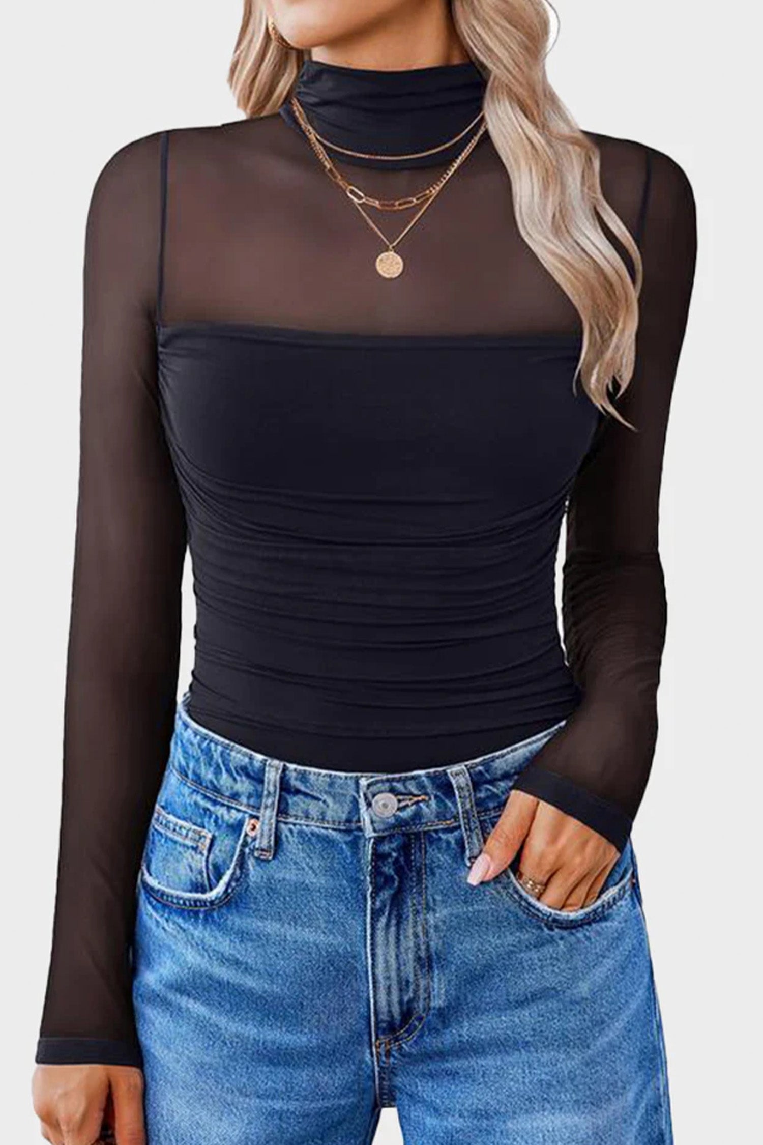 Sheer Mesh High Neck Long Sleeve Top - Tops/Tops & Tees