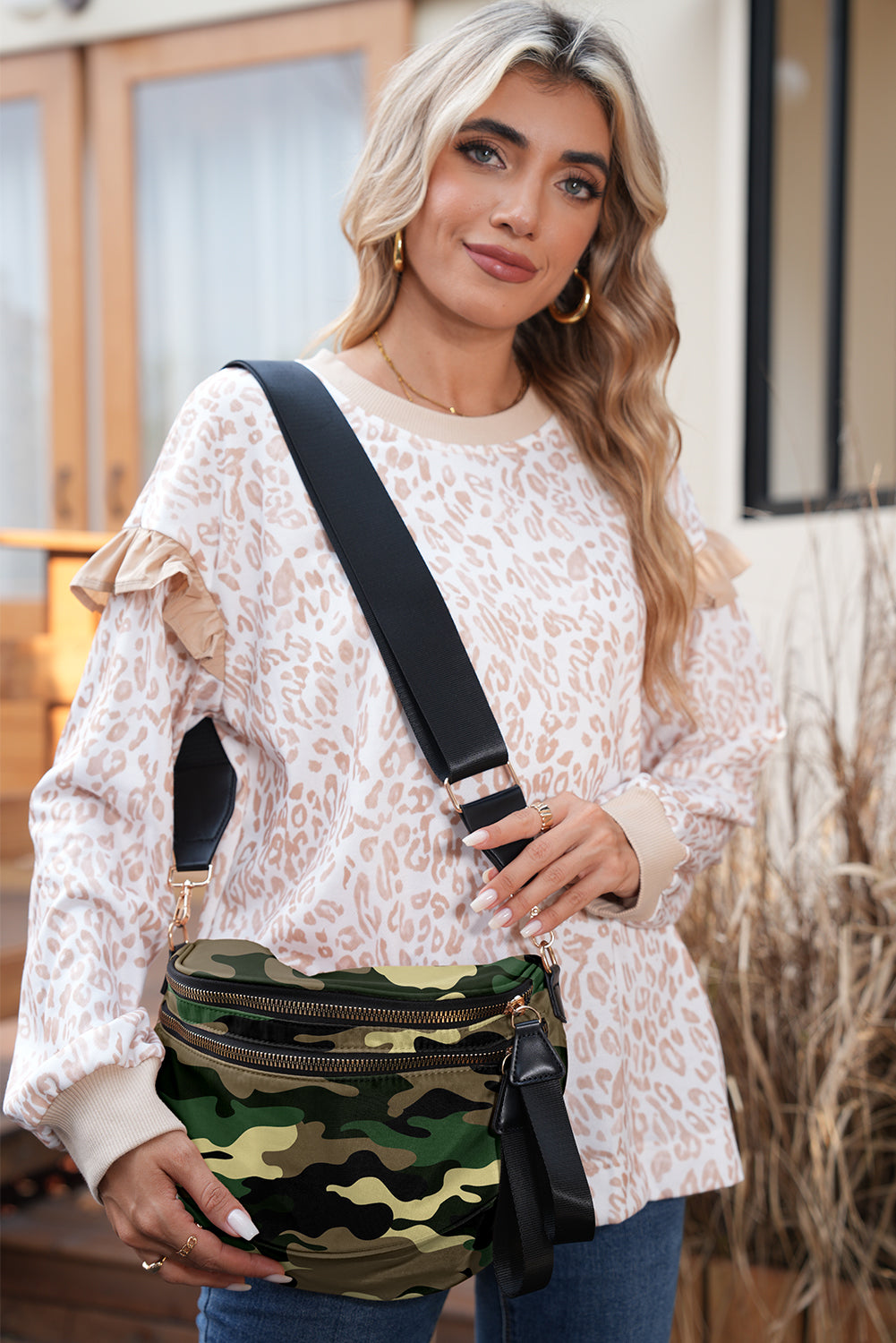 Black Camouflage Print Double Zipper Crossbody Bag