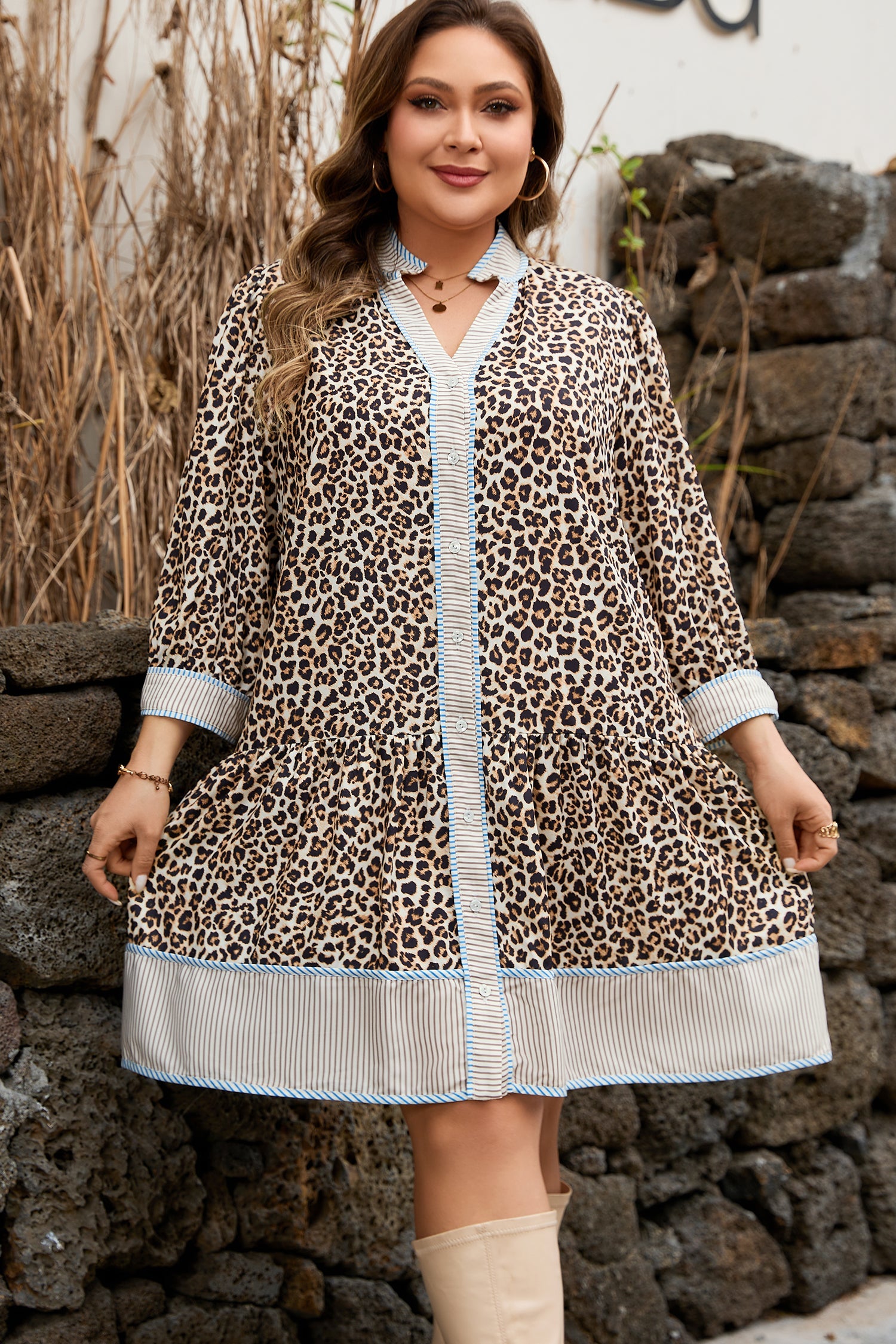Plus Size Leopard Print Striped Trim V-Neck Drop Waist Long Sleeve Mini Dress - eAura