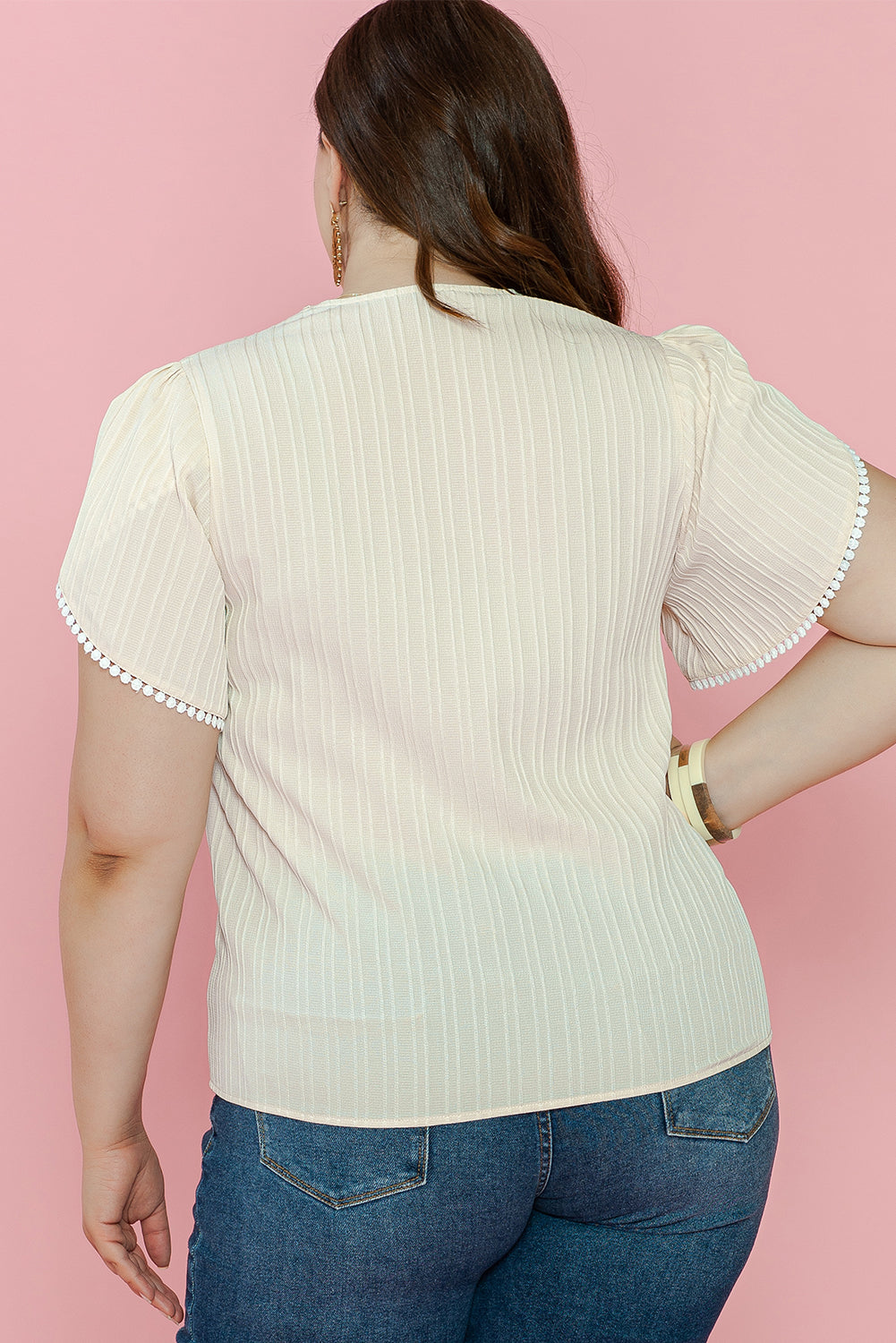 Beige Plus Contrast Guipure Lace Petal Sleeve Blouse BB Fashion Outlet