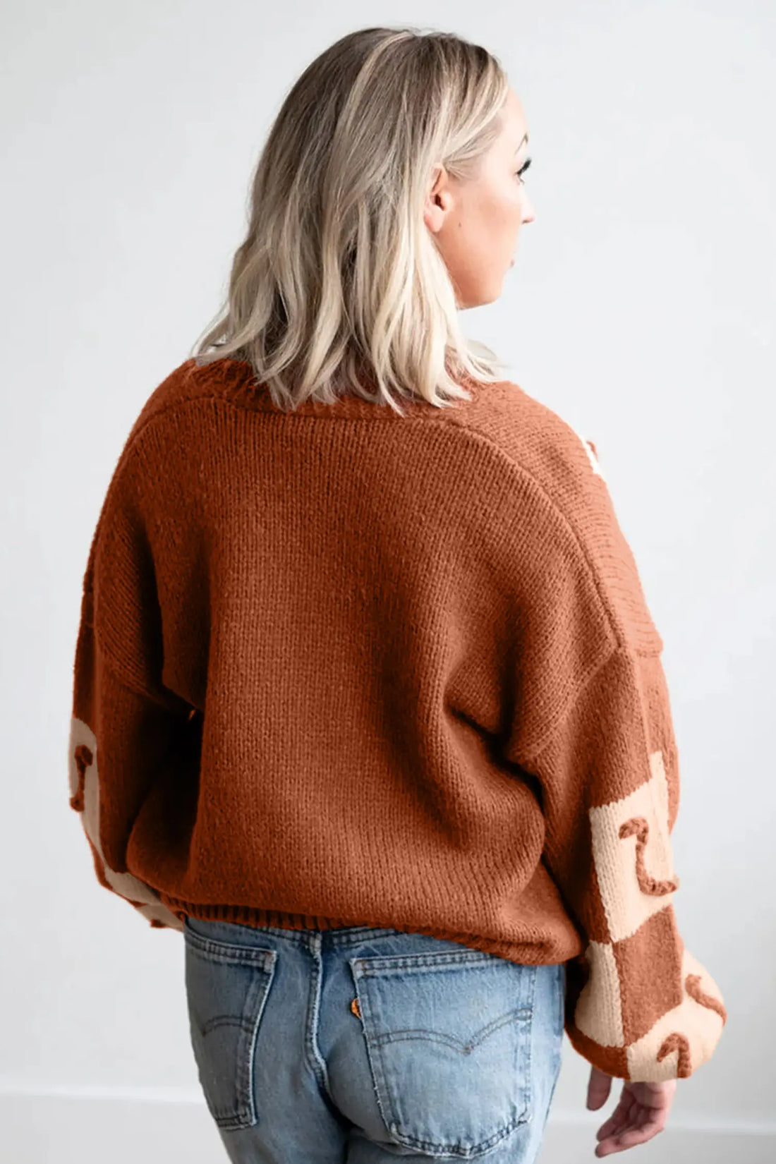 Horseshoe Plaid V Neck Knit Button Front Sweater Cardigan