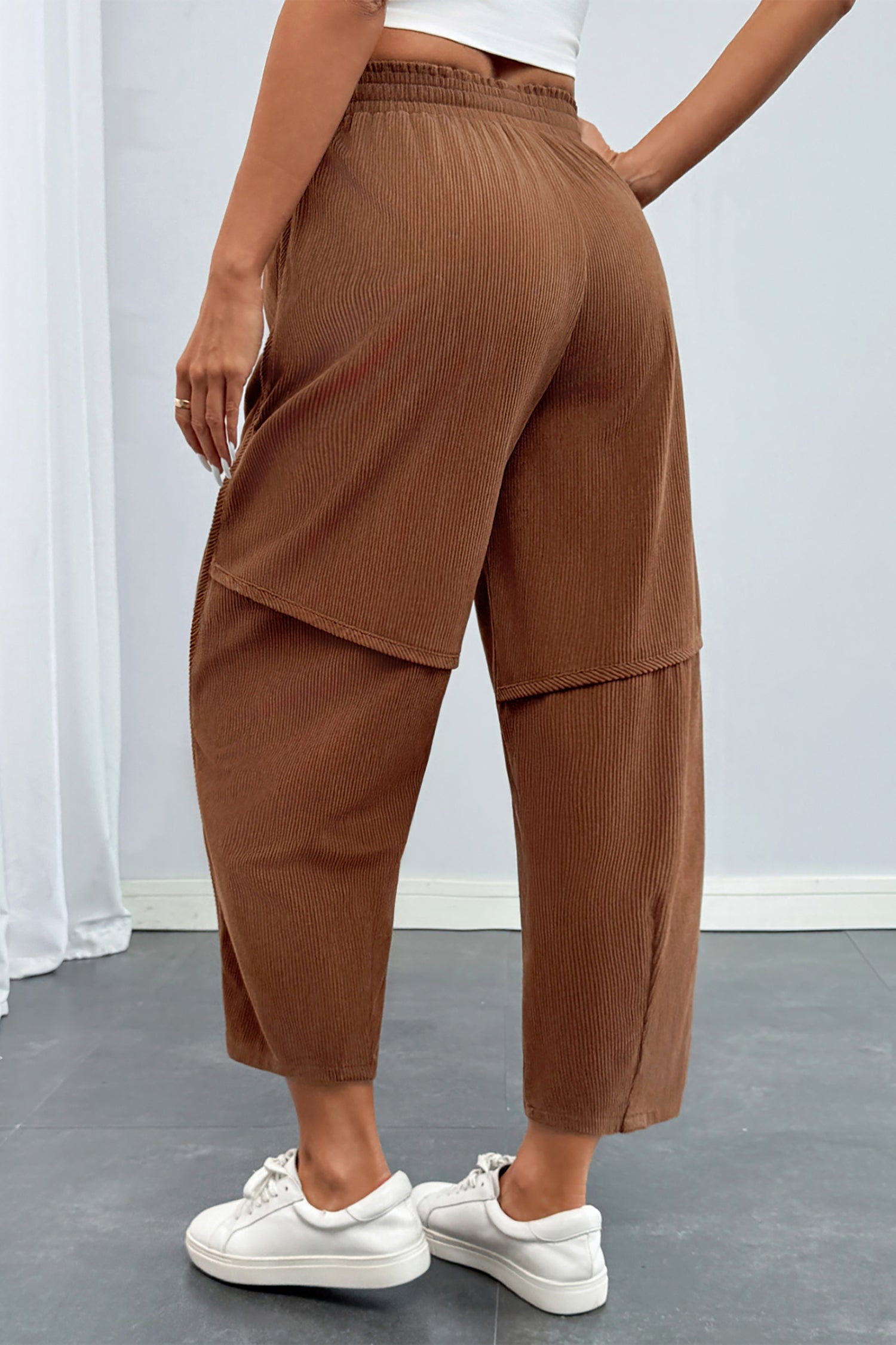 Coffee Corduroy Elastic Waist Drawstring Cargo Pants – Brown