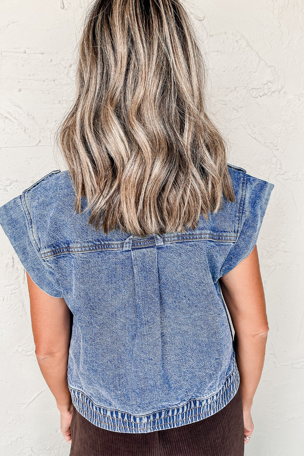 Ashleigh Blue Acid Wash Elastic Hem Button Up Denim Vest eAura