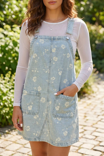 Sky Blue Retro Wash Denim Floral Print Overall Mini Dress – Light Blue