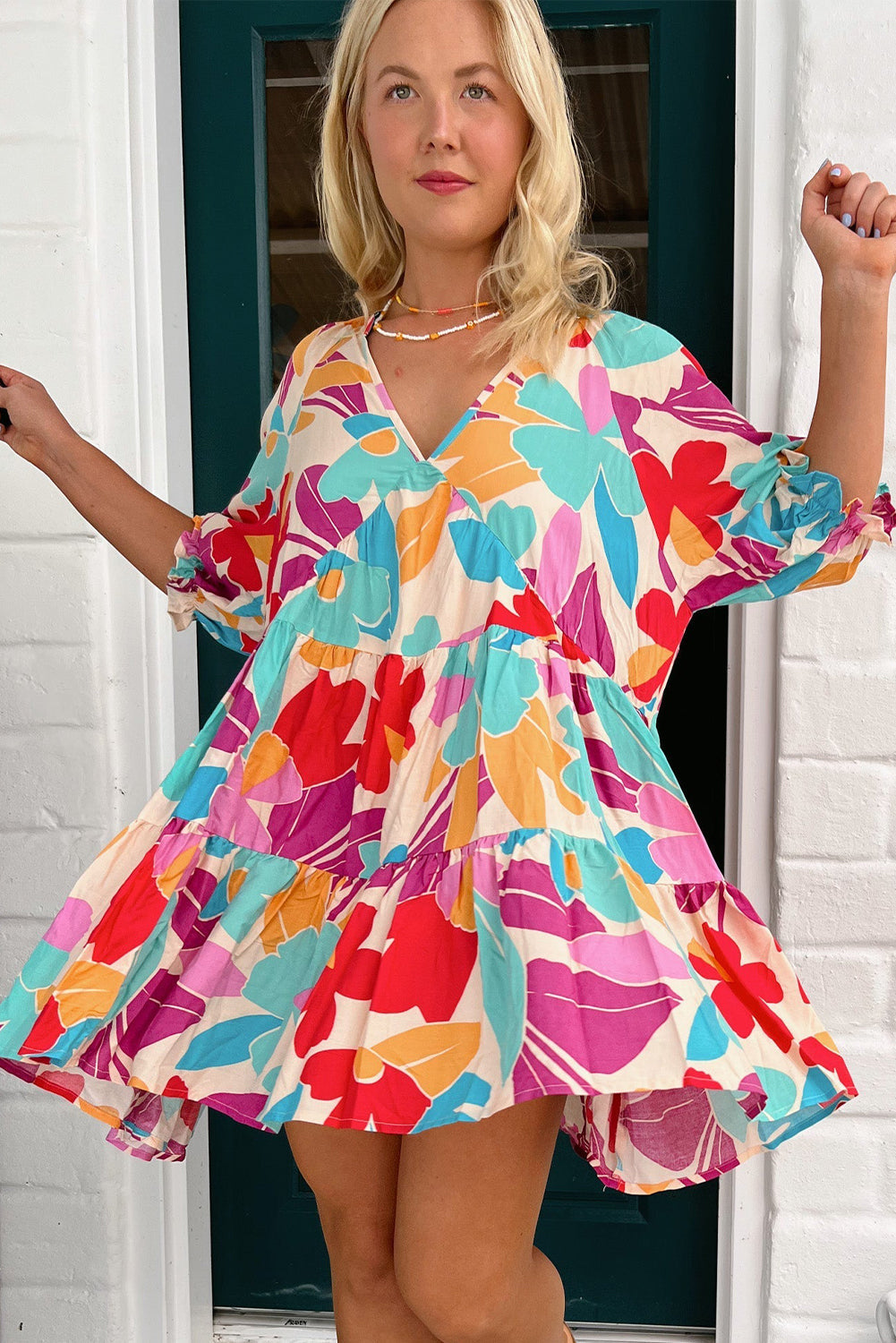 Rose Red Floral Bubble Sleeve V Neck Tiered Ruffle Babydoll Dress eAura