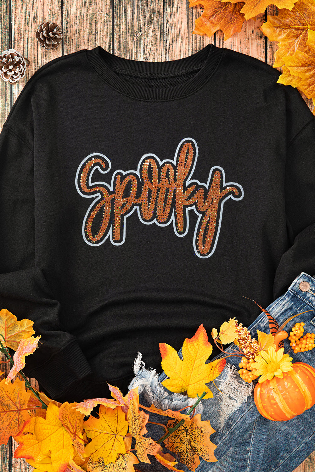 Spooky Rhinestone Drop Shoulder Graphic Sweatshirt – Black