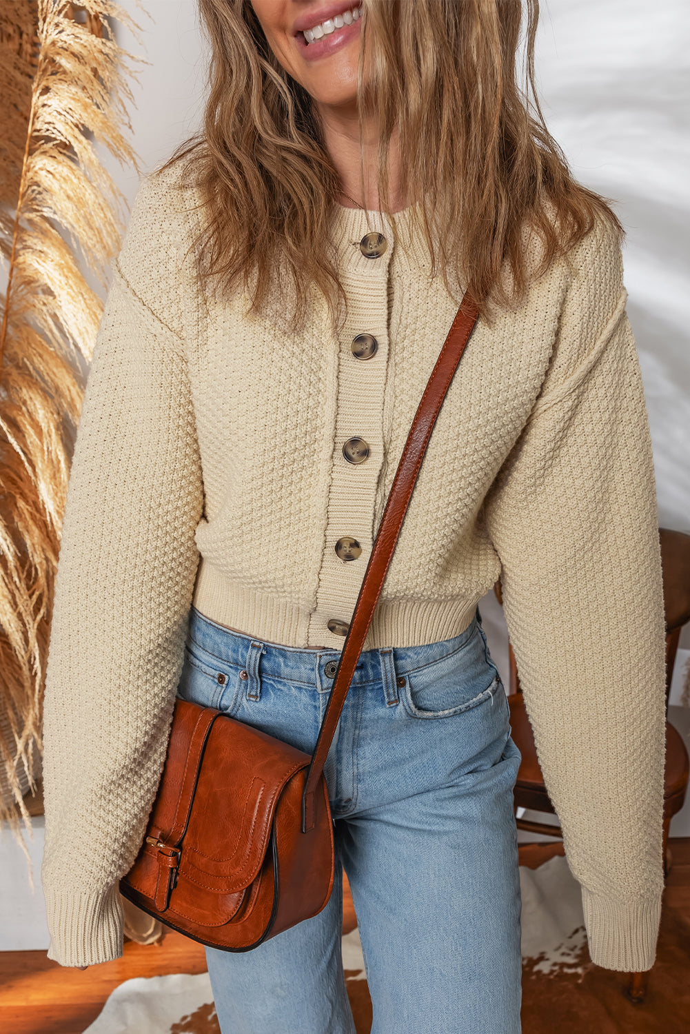 Beige Button Front Cropped Cardigan