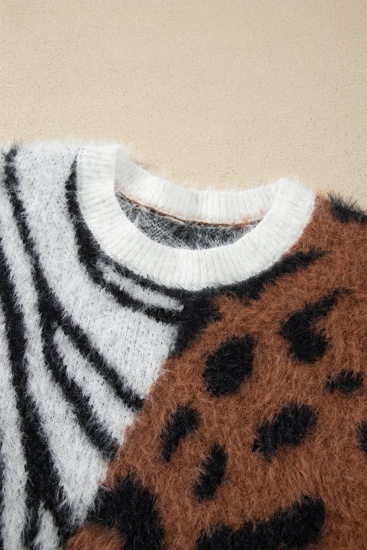 Western Leopard Zebra Print Long Sleeve Round Neck Sweater – Coffee