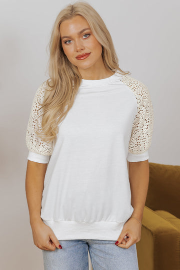 White Lace Crochet Short Sleeve Round Neck T Shirt - eAura