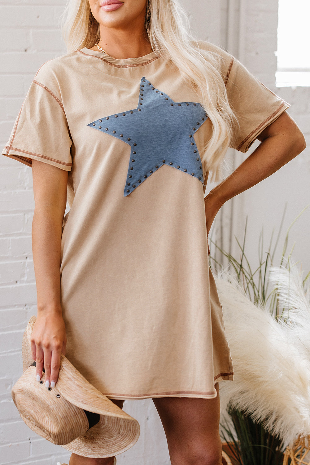 Pale Khaki Mineral Wash Stud Beaded Star Graphic Pocketed T Shirt Dress eAura