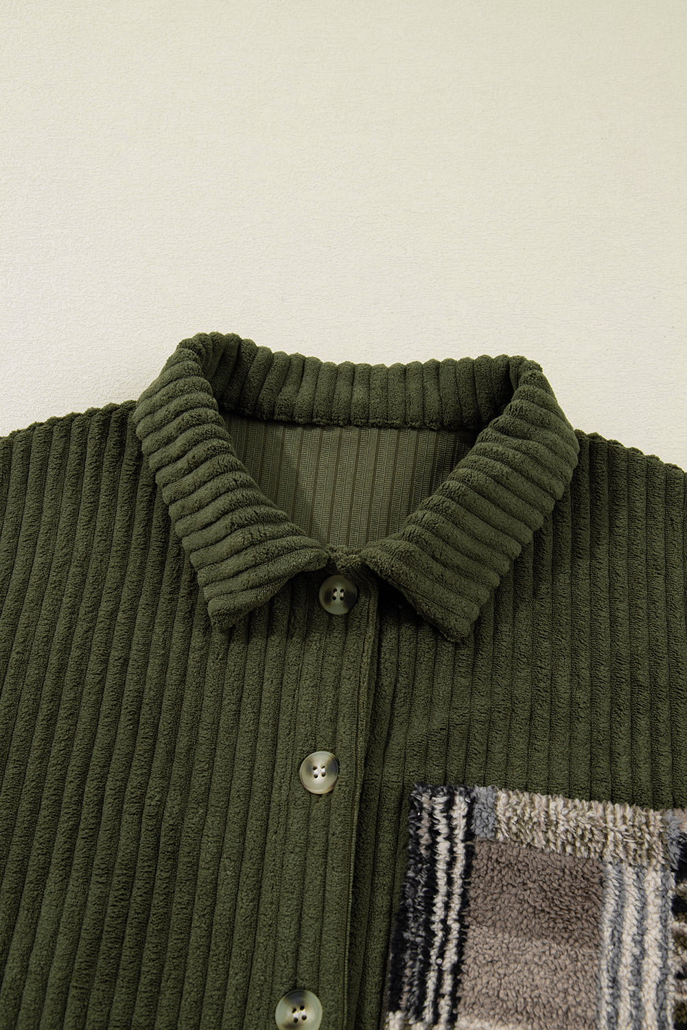 Green Ribbed Fleece Plaid Print Patchwork Button Up Jacket - eAura