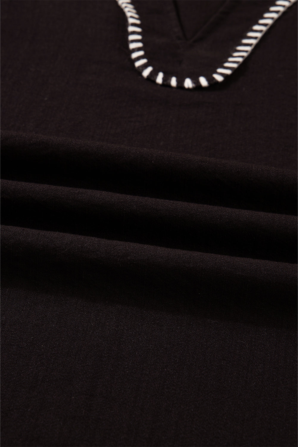 Black Contrast Stitched Detail V Neck Ruffle Long Sleeve Blouse - eAura