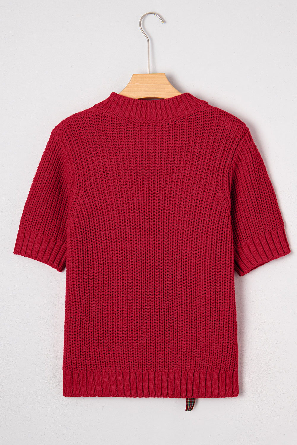 Plaid Lace up Detail Christmas Holiday Puff Short Sleeve Sweater - eAura