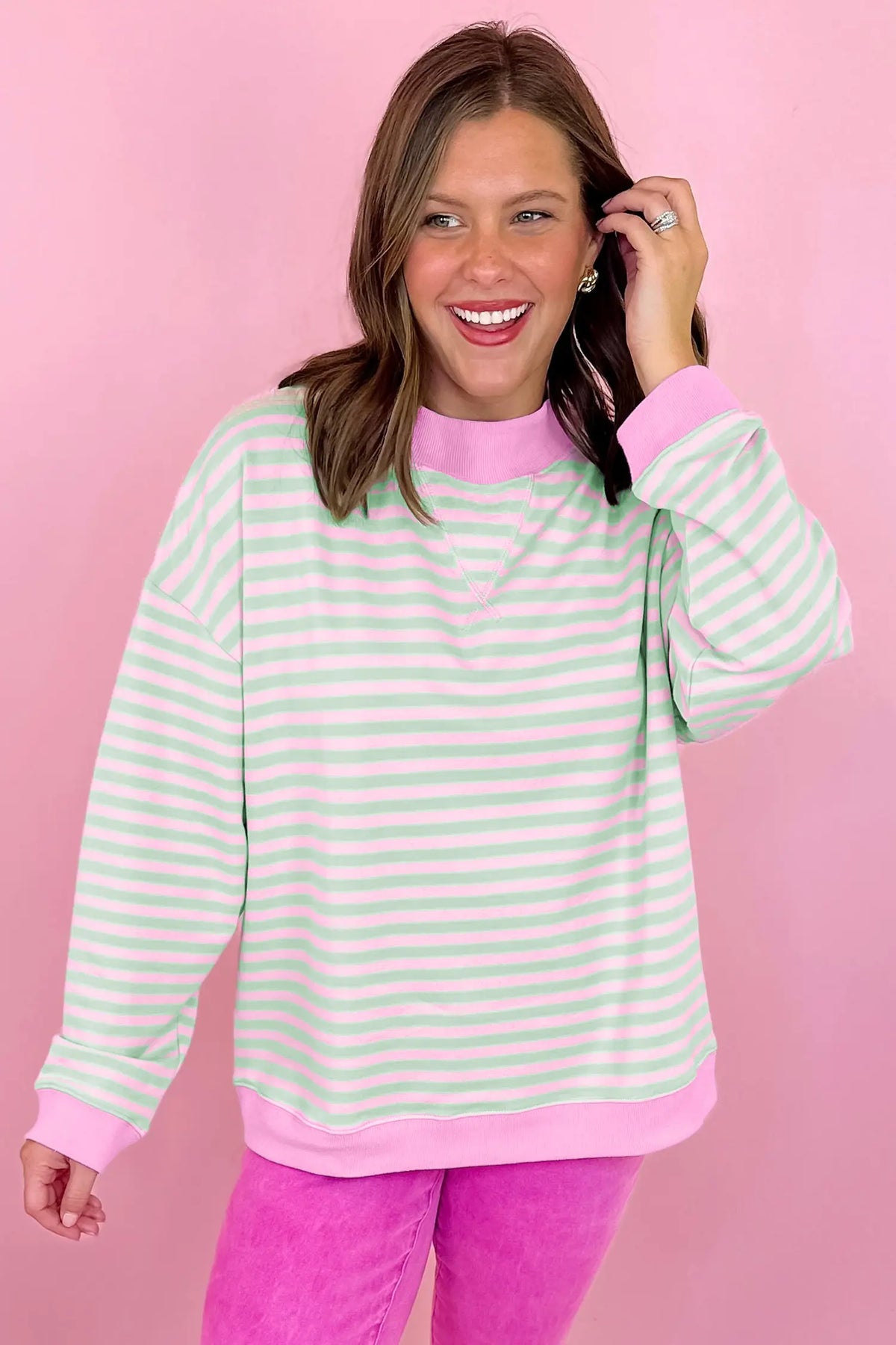 Green Stripe Striped Stand Neck Long Sleeve Sweatshirt