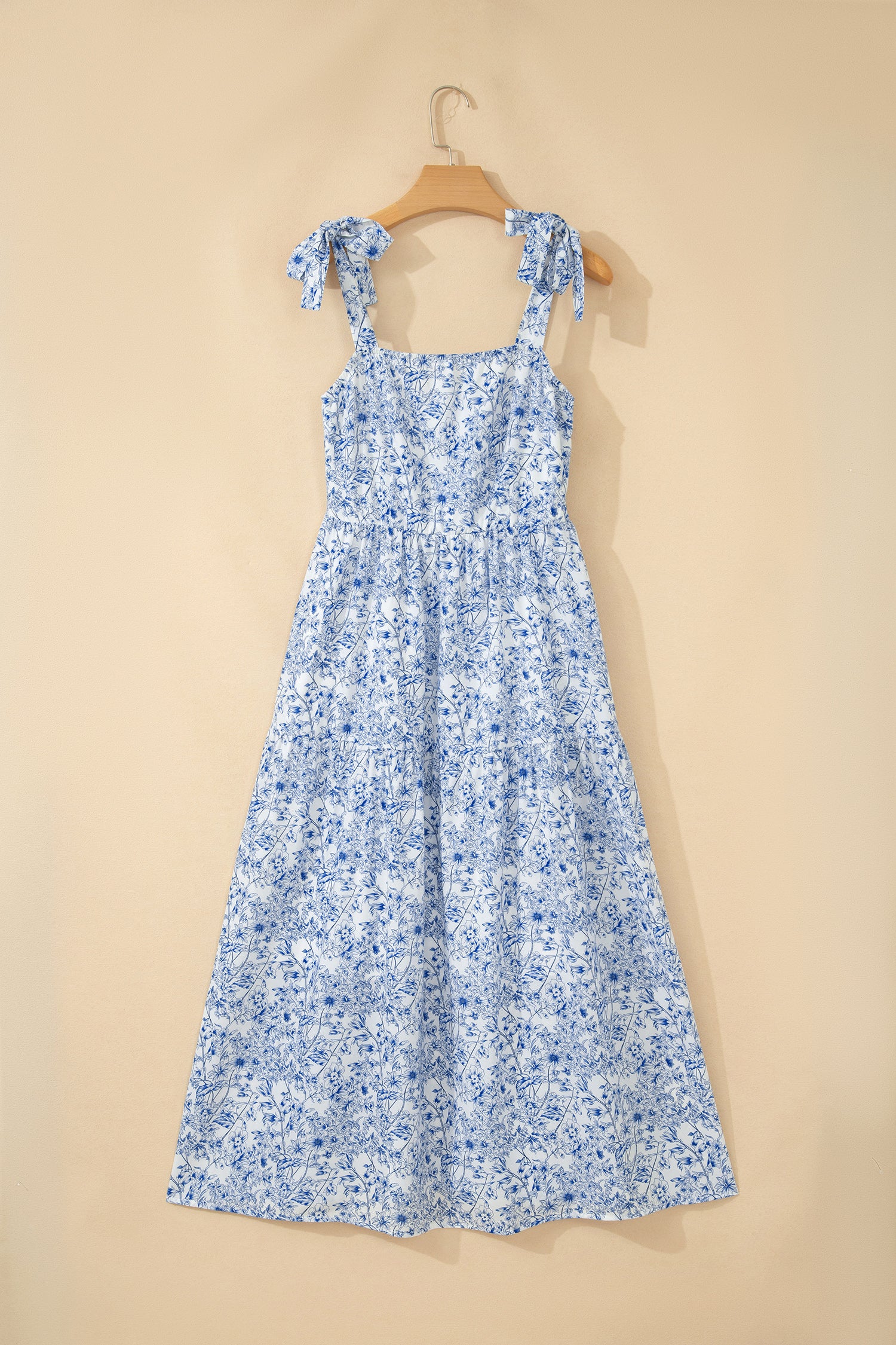 Sky Blue Floral Print Knot Strap Maxi Dress