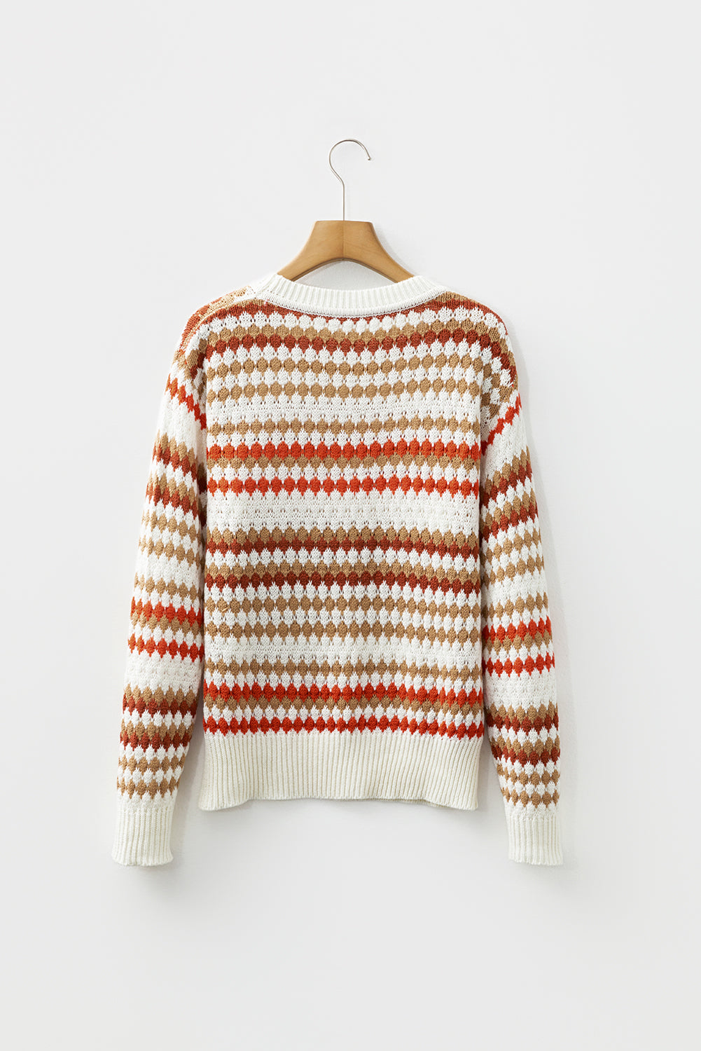 Striped Eyelet Patterned Drop Shoulder Knit Sweater - eAura