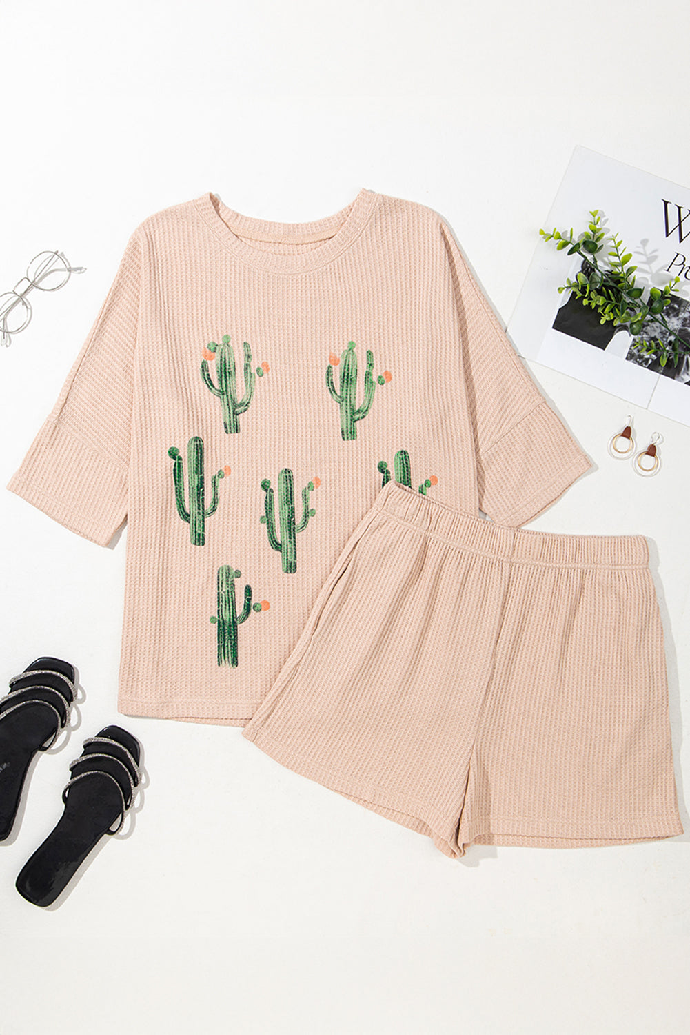 Light French Beige Cactus Forest Waffle Tee Short Co-ord Set eAura