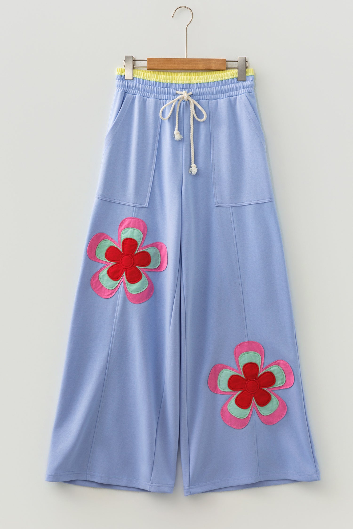 Sky Blue Color Block Flower Patchwork Drawstring Wide Leg Pants