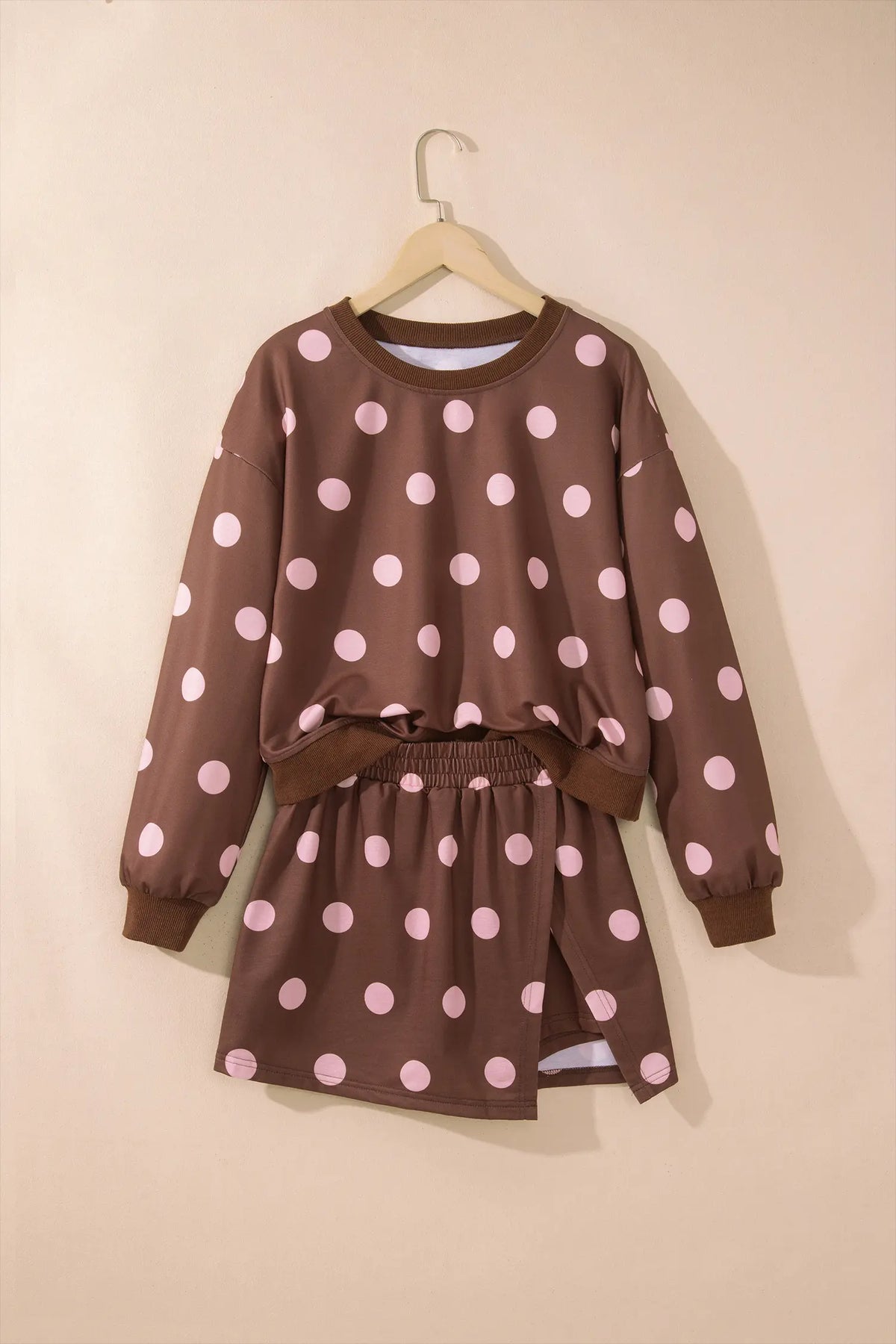 Polka Dot Two Piece Set Long Sleeve Casual Skirt Set – Pink