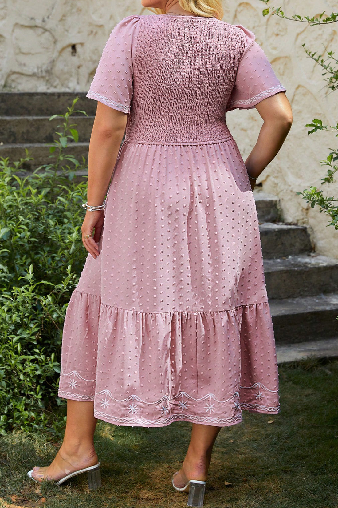 Plus Size Swiss Dot Short Sleeve Smocked Flowy Midi Dress